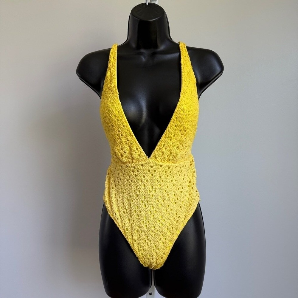 Nightcapโ S Yellow One Piece Swimsuit Crochet Pointelle Deep V Neck Boho Beach